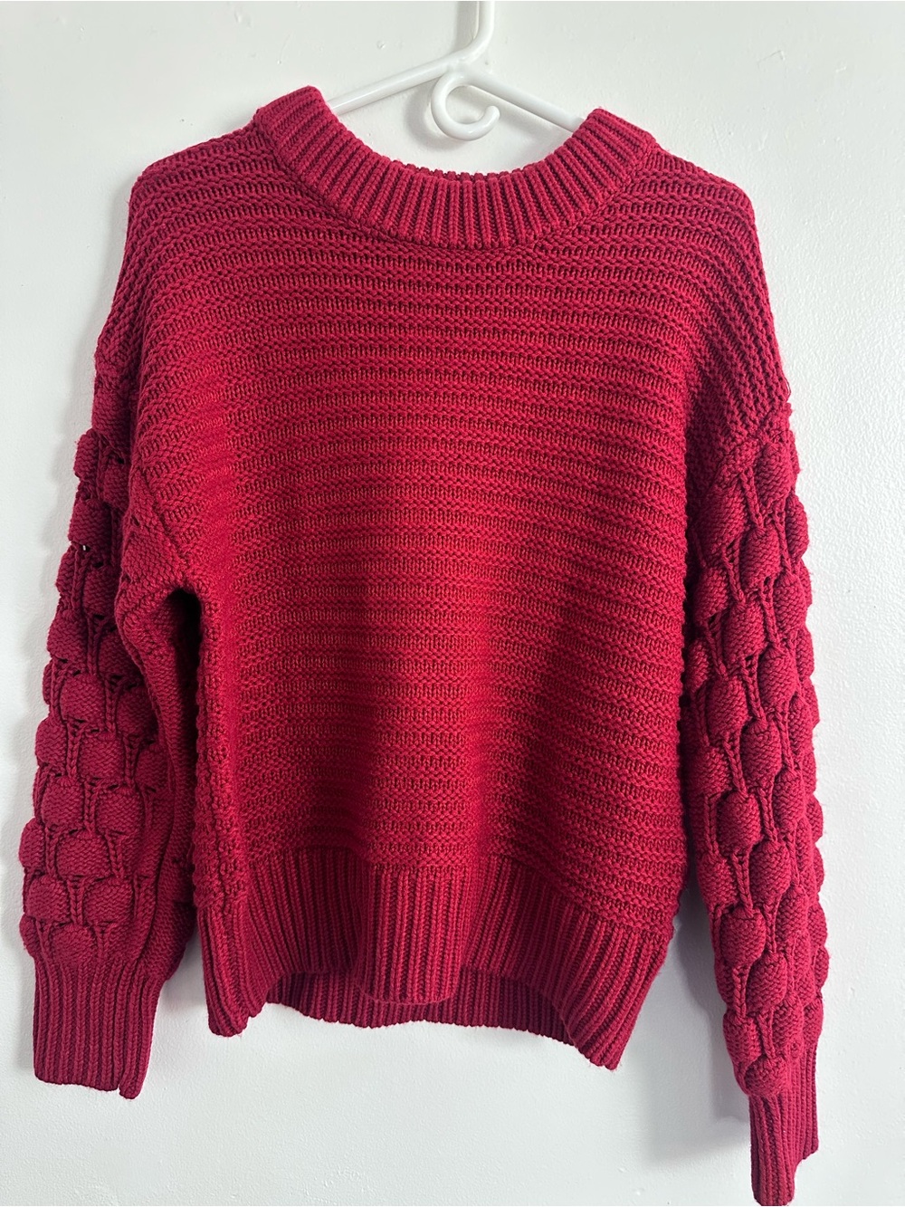 Elodie Raspberry Red Cable-Textured Crewneck Sweater